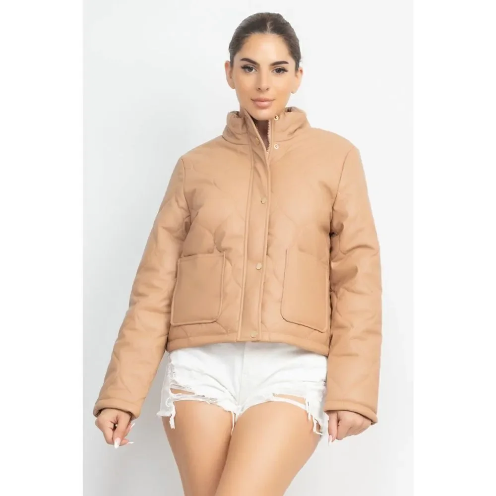 Taupe Mock Neck Quilted Jacket - Picture 2 of 5